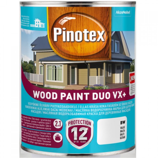 Pinotex Wood Paint Duo VX+ Ūdens bāzes eļļas krāsa koka fasādēm, BW 1L