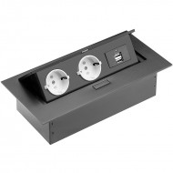 Удлинитель встраиваемый в стол, 2 гнезда SCHUKO, 2xUSB 5V 2A, чёрный, (без кабеля) AE-PBU02GS-20 GTV