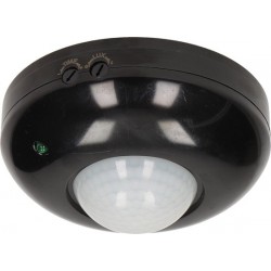 PIR kustības sensors 360°, nominālā slodze 1200W; aizsardzības pakāpe IP20; darbojas ar gaismas diodēm; noteikšanas diapazons 360 grādi; melns