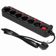 Multiswitch powerstrip, Schuko ligzdas, melns ar neatkarīgiem ON/OFF slēdžiem 6 Schuko ligzdām, kabelis 3x1,5mm2, 1,5m garš, kopējais enerģijas patēriņš 3680W