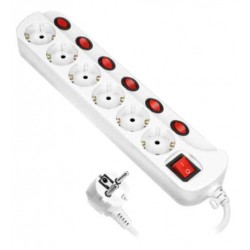 Multiswitch powerstrip, Schuko ligzdas ar neatkarīgiem ON/OFF slēdžiem 6 Schuko ligzdām, kabelis 3x1,5mm2, 1,5m garš, kopējais enerģijas patēriņš 3680W