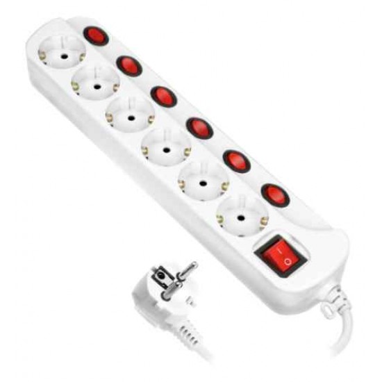 Multiswitch powerstrip, Schuko ligzdas ar neatkarīgiem ON/OFF slēdžiem 6 Schuko ligzdām, kabelis 3x1,5mm2, 1,5m garš, kopējais enerģijas patēriņš 3680W