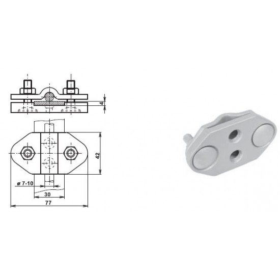 Savienojuma skava ar stiprinājuma caurumiem Rd7-10mm stieplei un 30mm platuma lentei, St/Zn