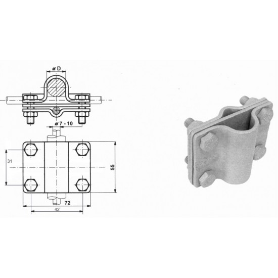 Savienojuma skava Rd16mm zemējuma stienim, 30mm platuma lentei un Rd8-10mm stieplei, St/Zn