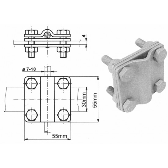 Šķērssavienotājs ar papildu plāksni Rd8-10mm stieplei un 40x4mm sloksnei, St/Zn