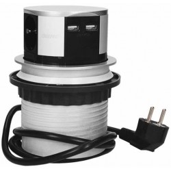 Vienmērīga mēbeļu ligzda ar USB lādētāju un 1,5m kabeli, Schuko, 3 x 230V AC/16A; 3680W; IP20; 2x izejas USB lādētājs USB 5V DC