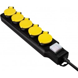 Pagarinātāja vads 5-viet ar zemi H05RR-F 3G1.5mm2,5M,IP44  Max.3500W,ar bērnu aizsardzību un slēdzi